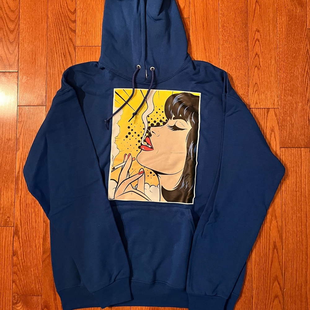 Comic Hoodie large. blue yellow black.  New never worn.